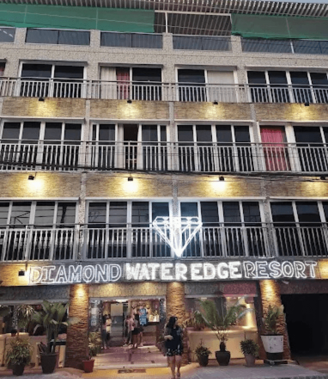 Diamond Water Edge Resort Boracay exterior at night.