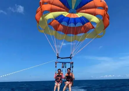 Boracay parasailing adventure with tourists flying over the ocean in Boracay Philippines